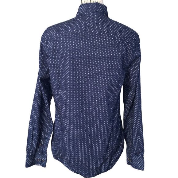 DENIM & FLOWER Ricky Singh navy button down blouse slim fit large - Picture 6 of 9